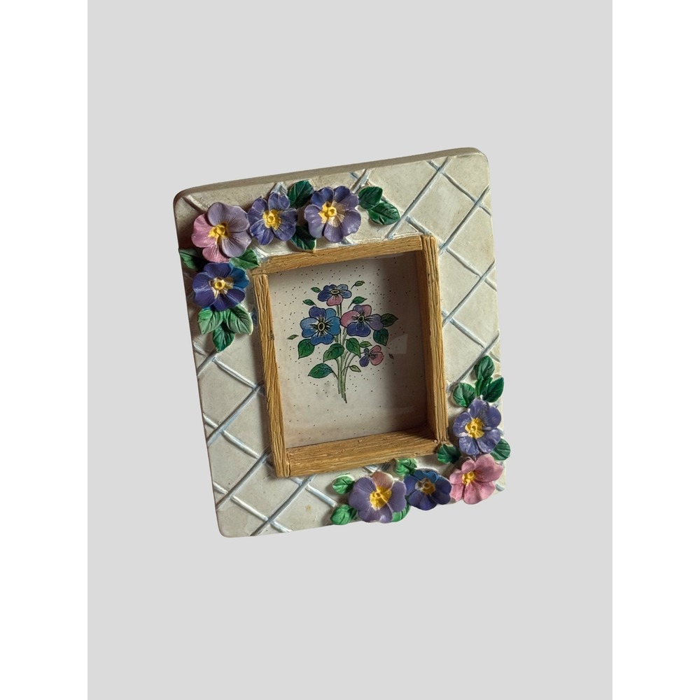 Russ Berrie Floral Lattice Mini Picture Frame Purple Pink Flowers 4x3.25